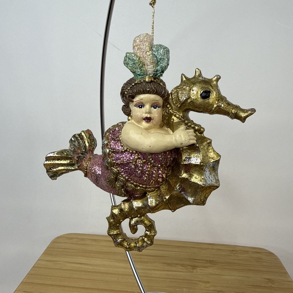 Katherine's Collection Curvy Mermaid Riding Seahorse Ornament Pink Glitter 5"